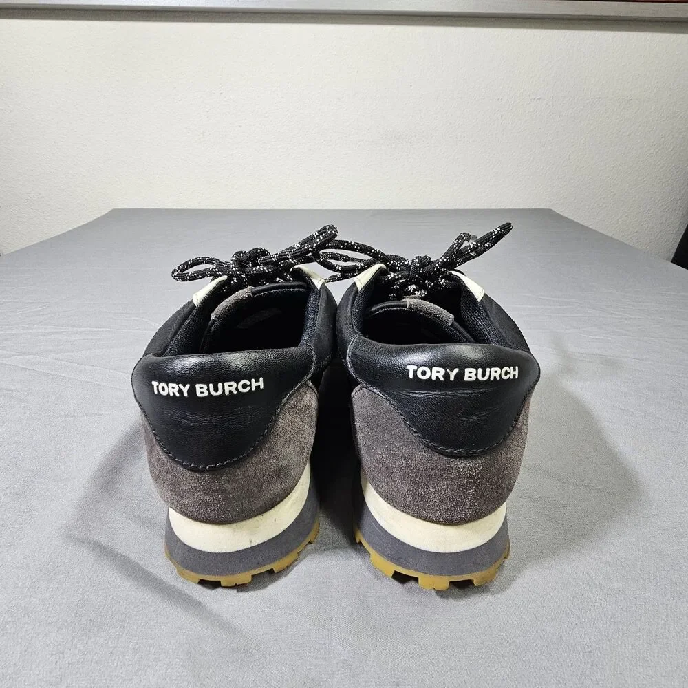 Tory Burch Annie Nylon Runner Sneakers Womens 8 M Black Grey Suede Double T Logo